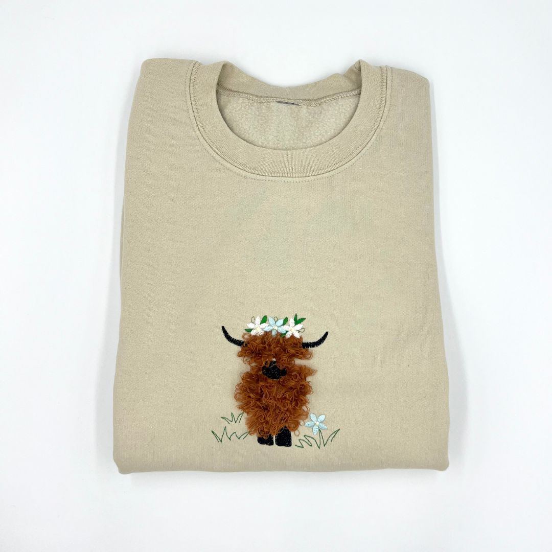 Fluffy Highland Cow embroidered unisex sweatshirt