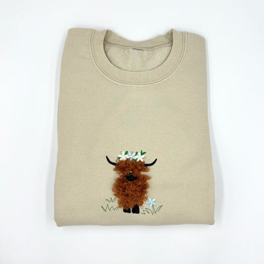 Fluffy Highland Cow embroidered unisex sweatshirt