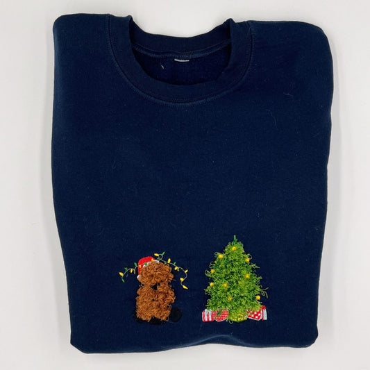 Fluffy Highland cow and Christmas tree embroidered unisex sweatshirt